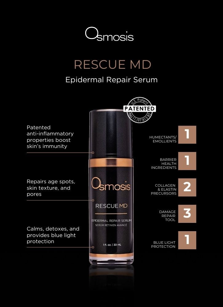 infograph of black and gold bottle of osmosis rescue md advanced 