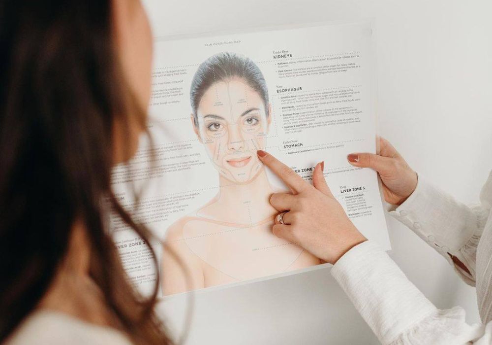 Woman showing a skin mapping infograph to a client